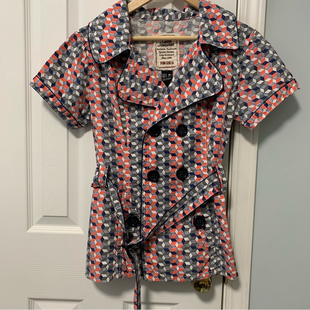 Colorful Geometric Short Sleeve Trench Style Jacket Medium